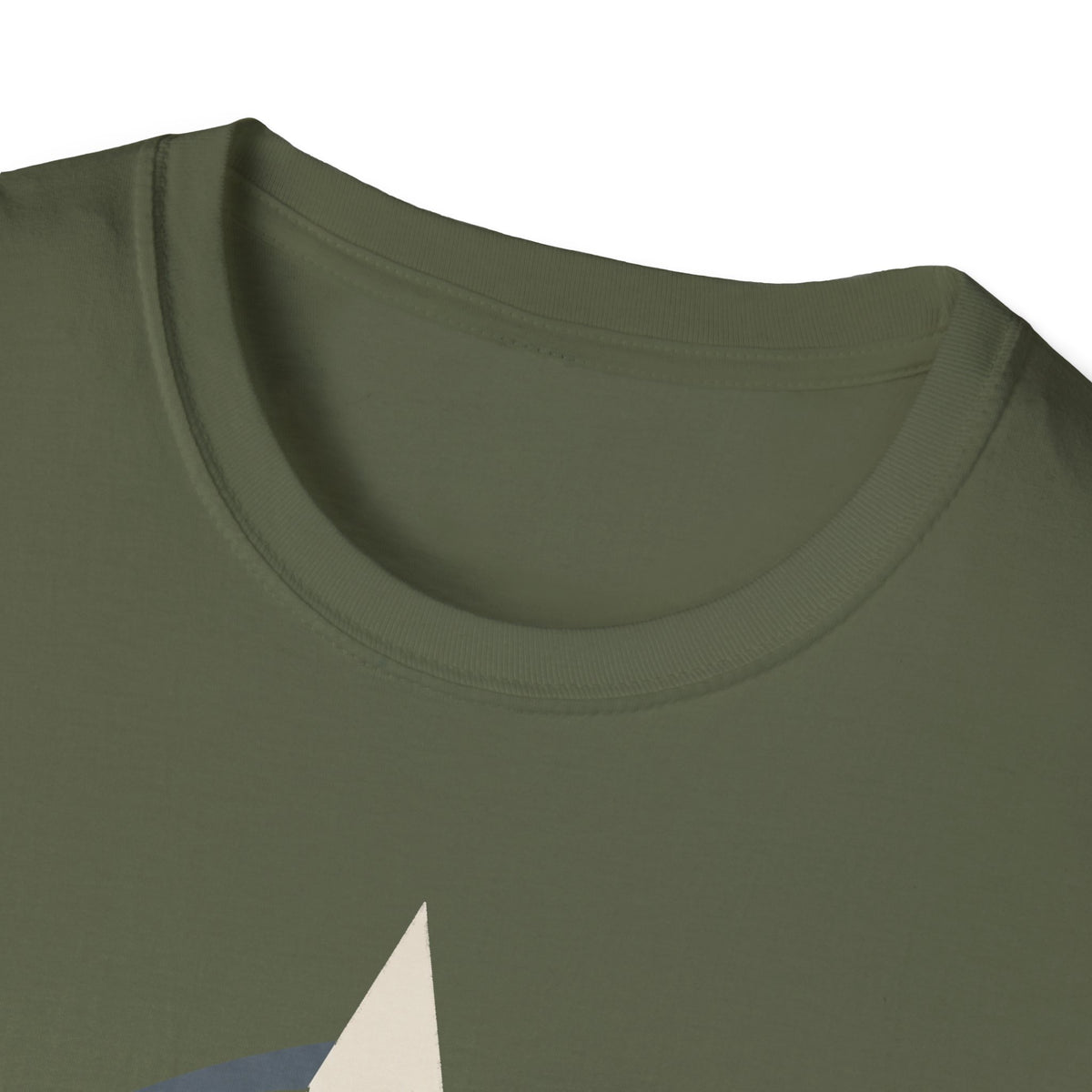 Military green crew-neck T-shirt, close-up of collar and upper chest