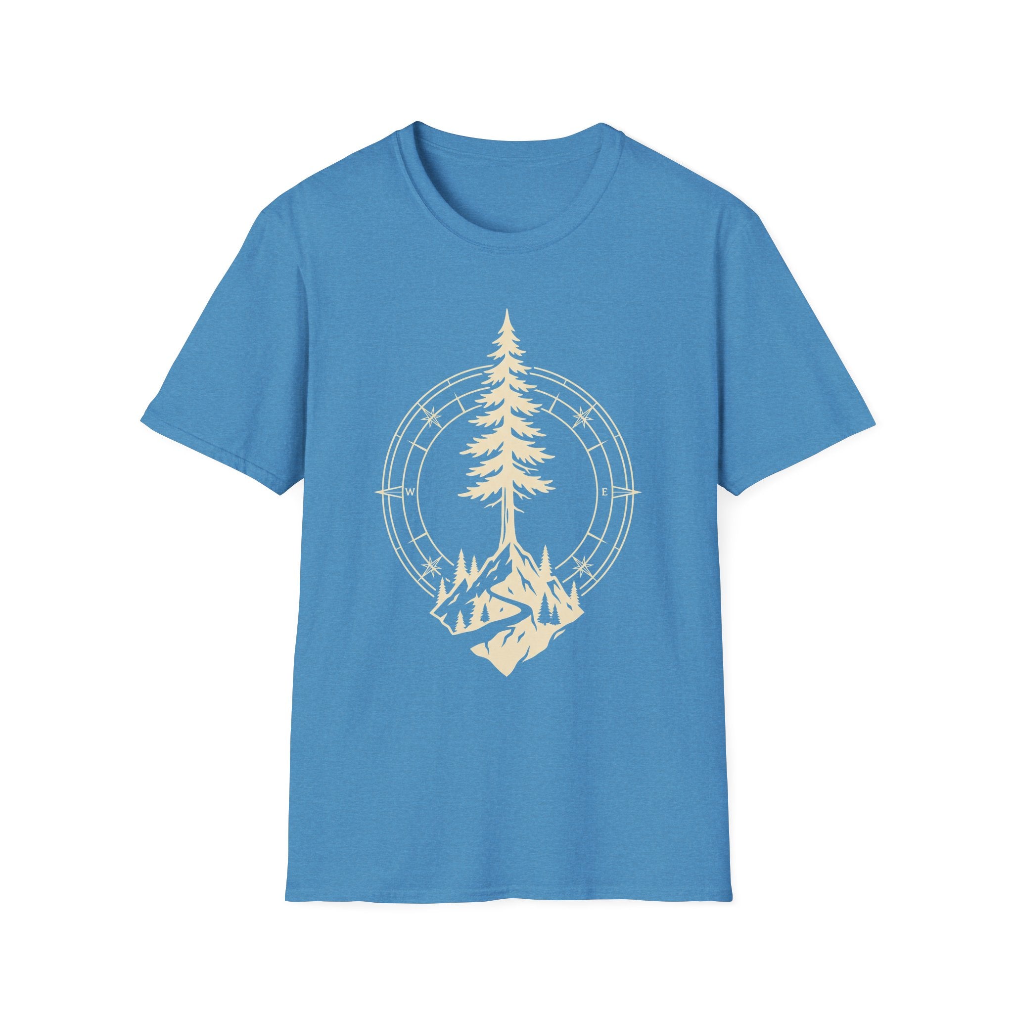 Blue T-shirt with pine tree compass graphic in light yellow-gold, crew neck