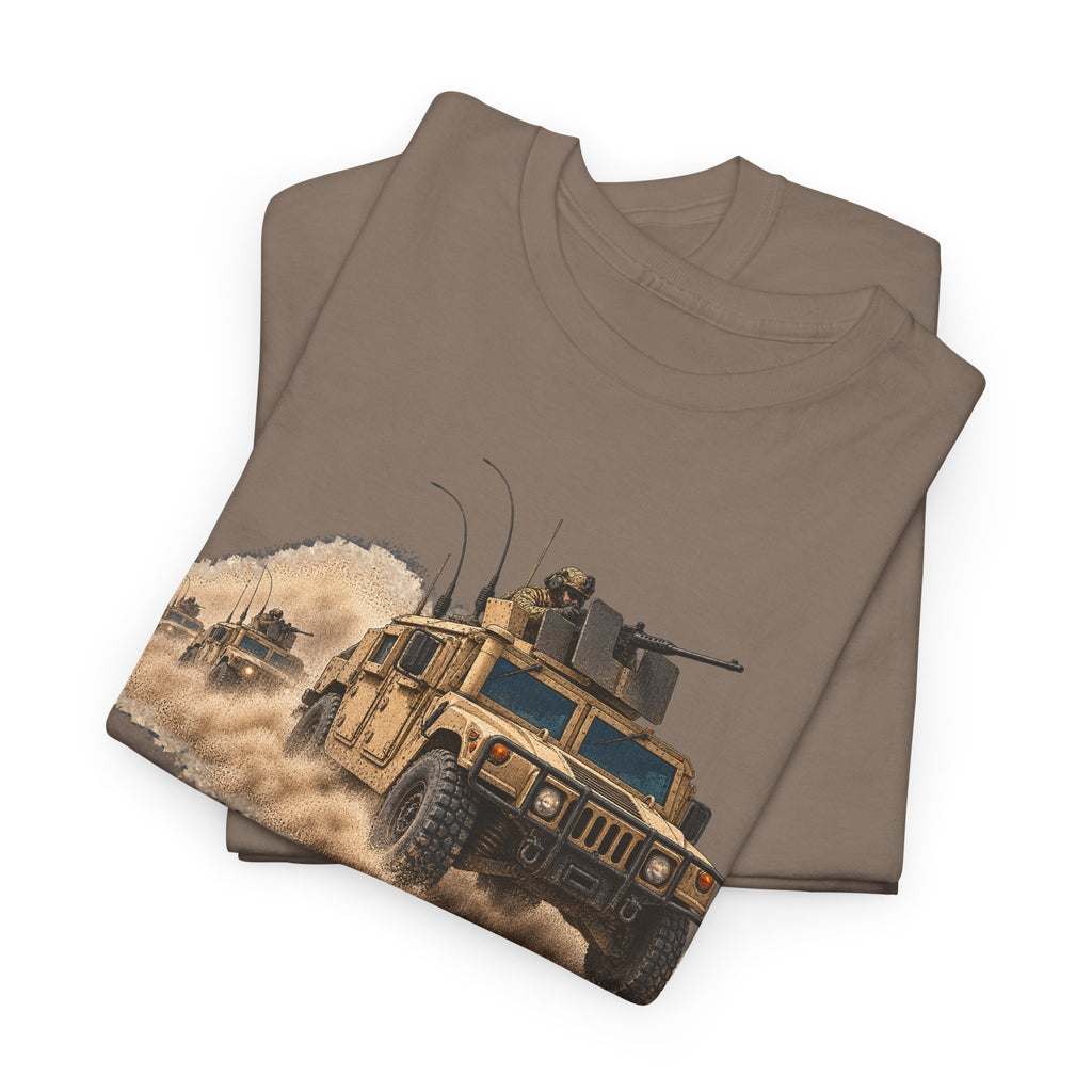 Brown crewneck T-shirt with desert armored vehicle graphic on front