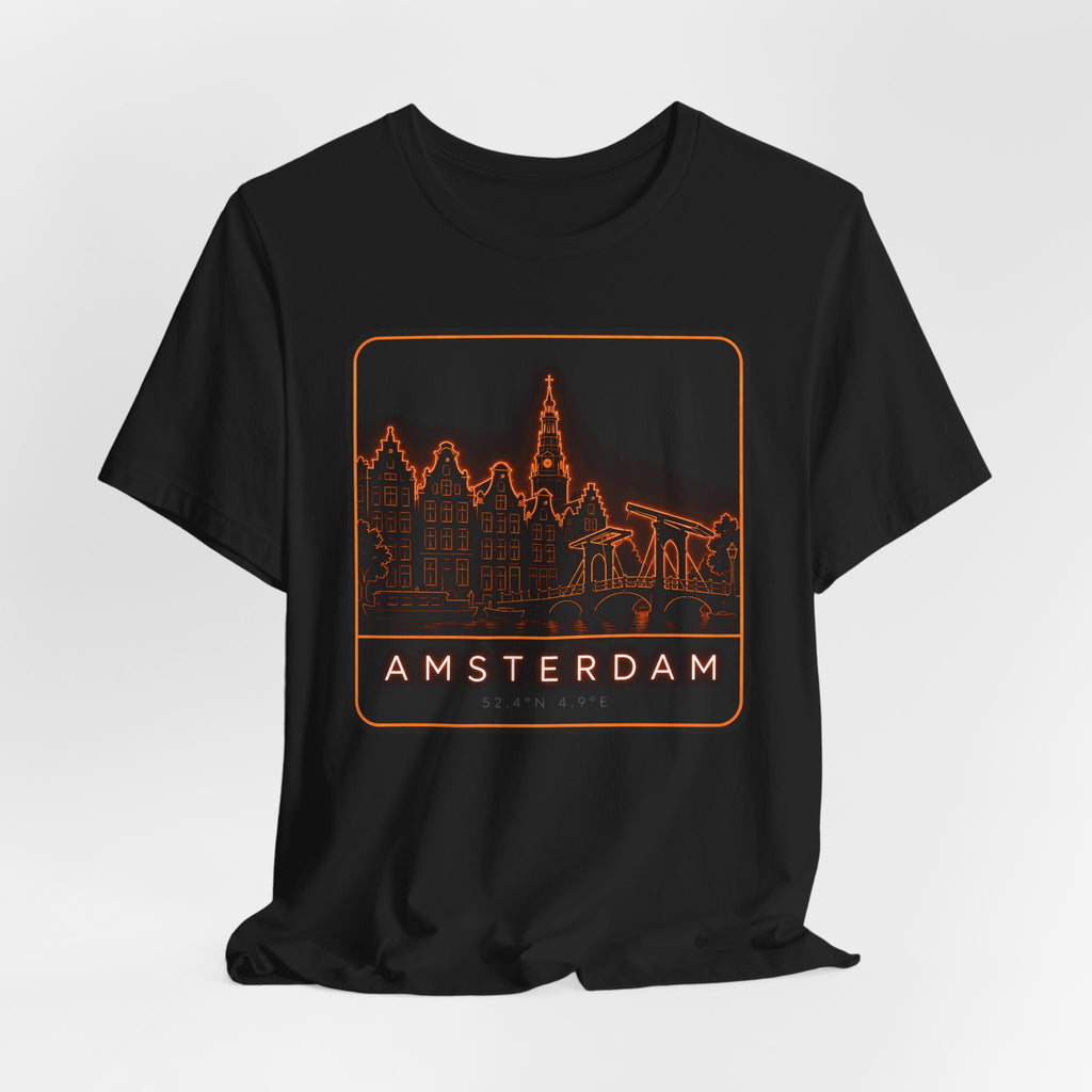 Black crewneck T-shirt with orange neon Amsterdam skyline panel graphic