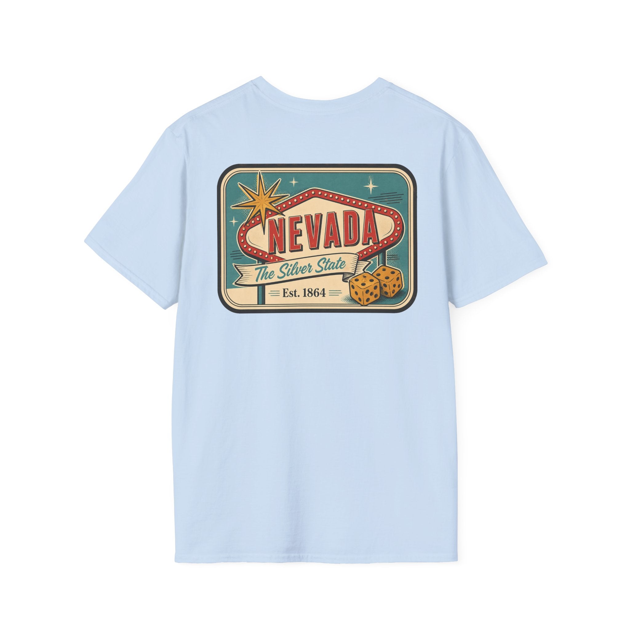 Light blue crewneck graphic t-shirt with Nevada banner logo on back