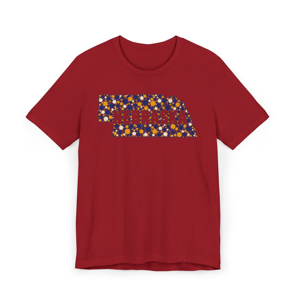 Red Nebraska graphic T-shirt with colorful state outline logo on front