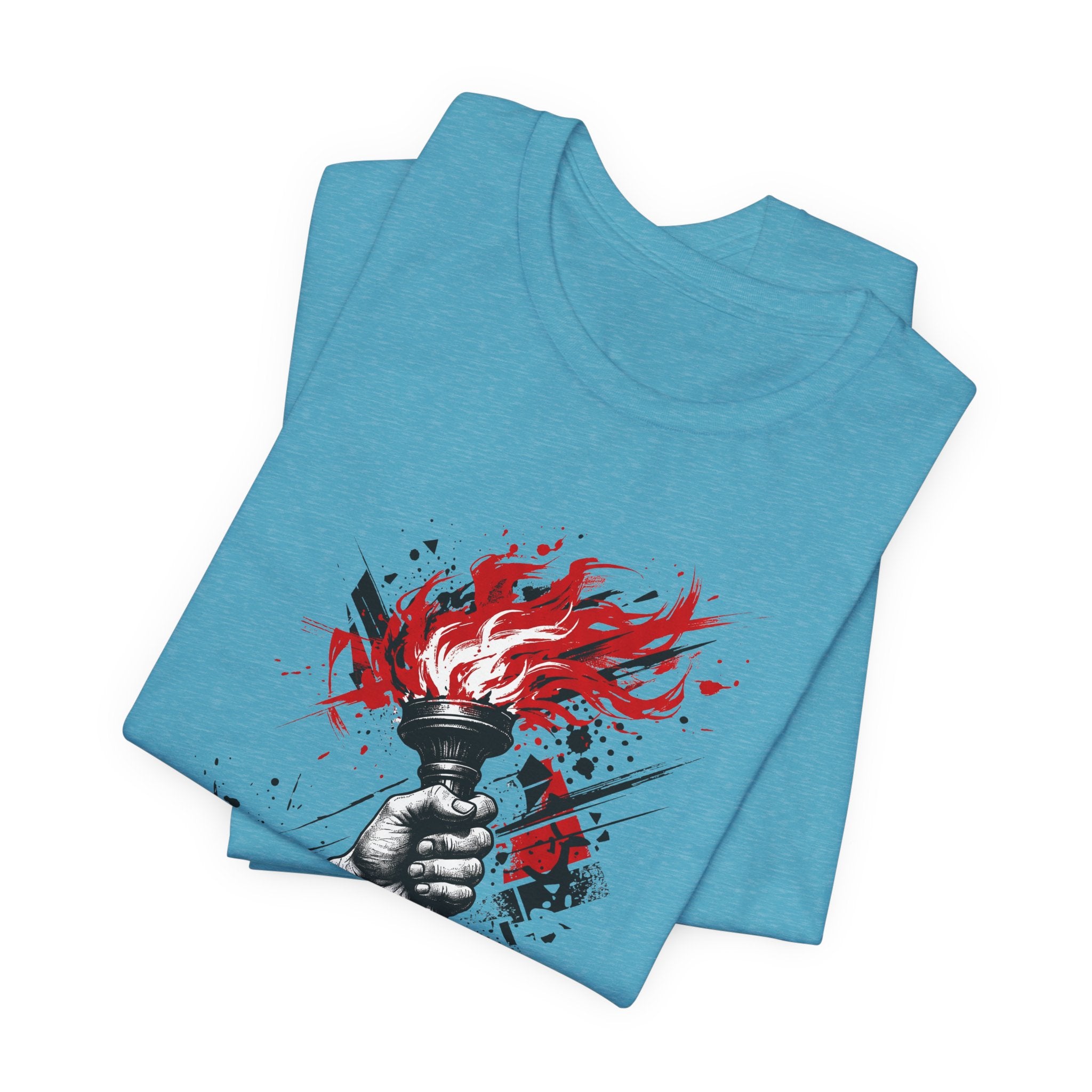 Light blue T-shirt with red torch flame graphic on front