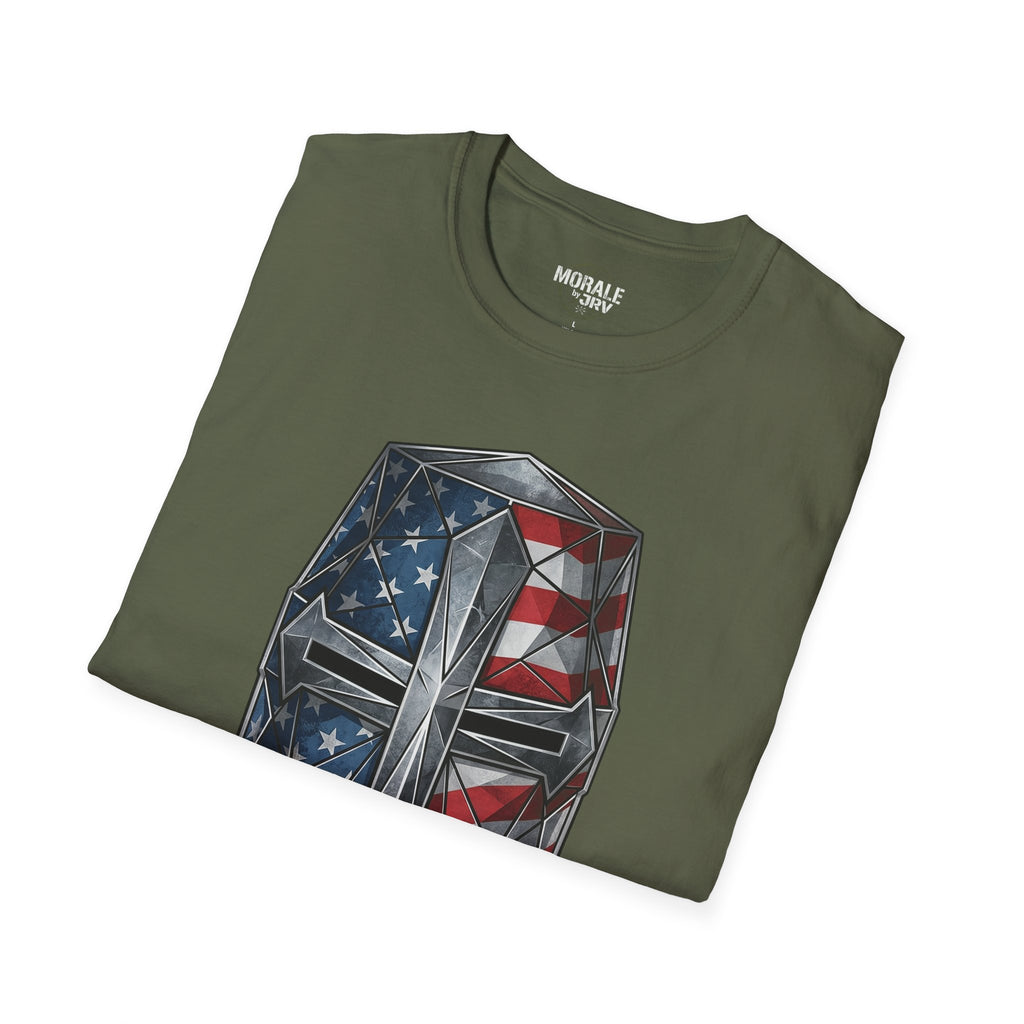 Military Green T-shirt with geometric American flag helmet graphic on front