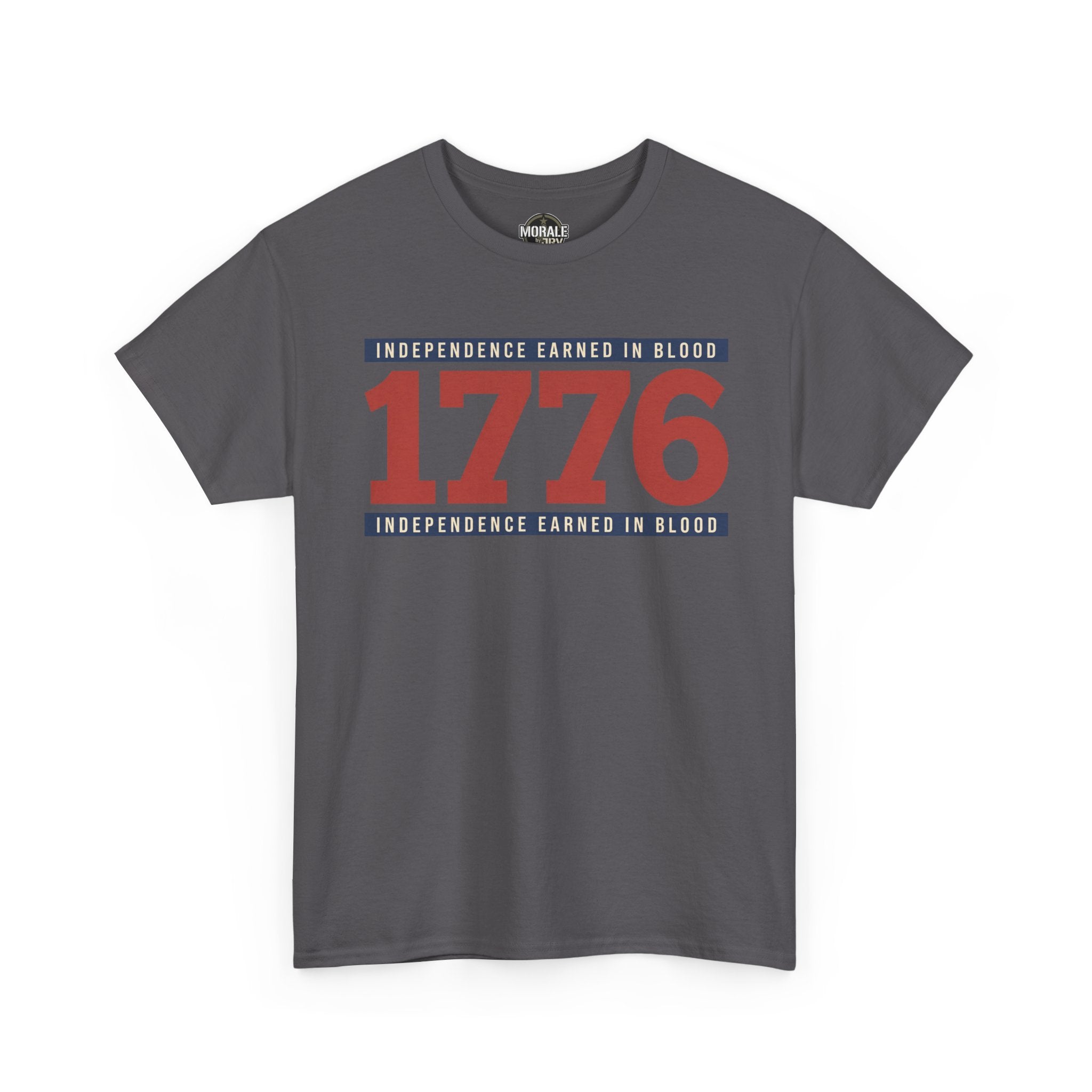 Charcoal gray T-shirt with 1776 graphic and patriotic text on chest