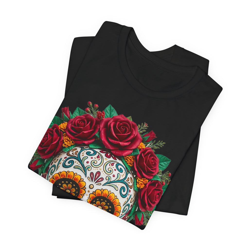 Day of the Dead T-shirt, black; sugar skull with red rose crown graphic