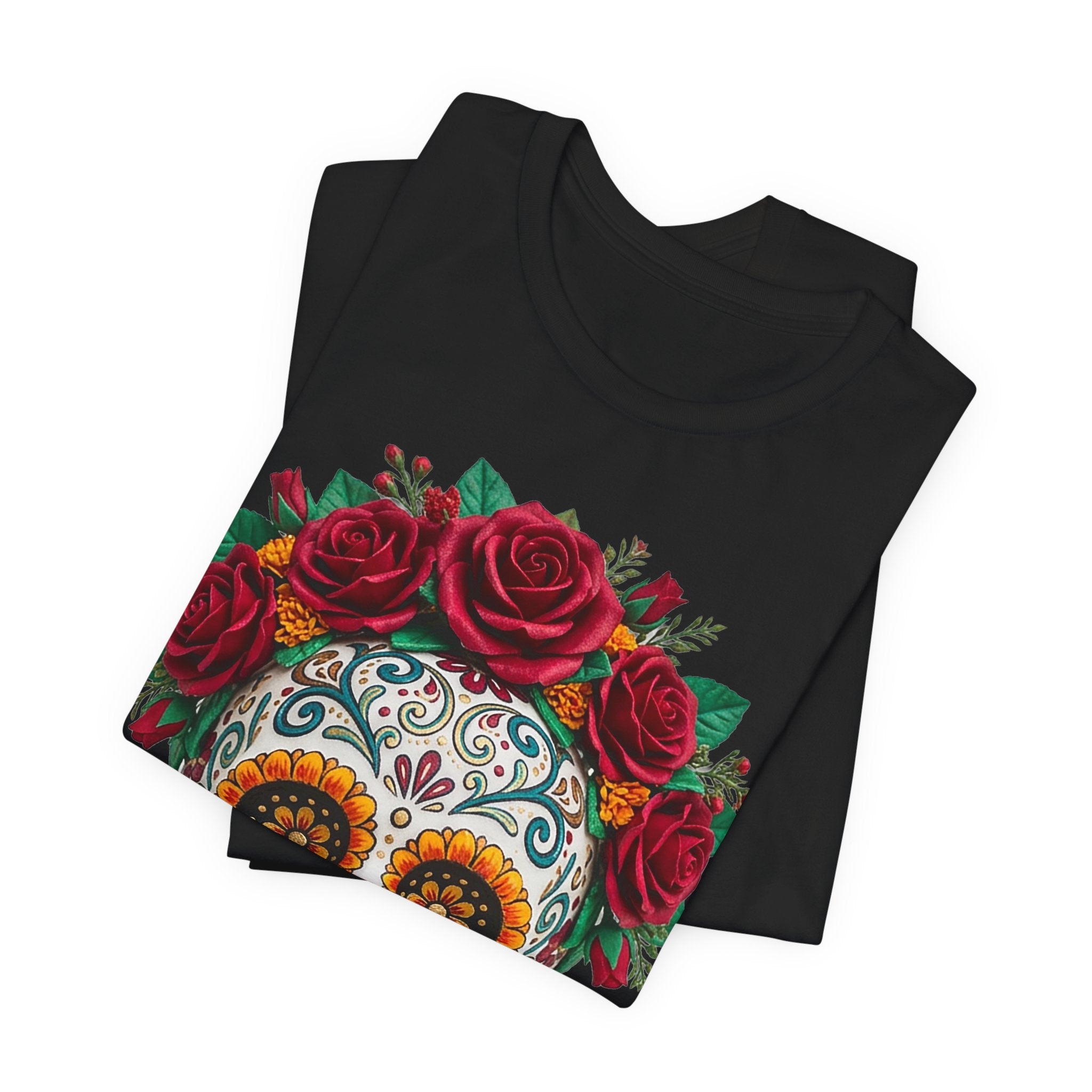 Day of the Dead T-shirt, black; sugar skull with red rose crown graphic