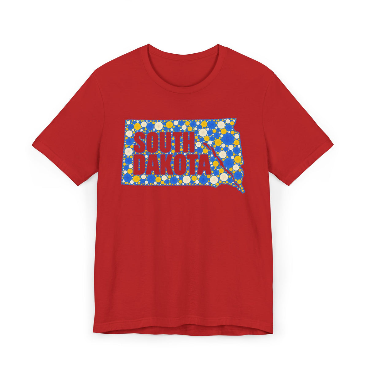 Red t-shirt with polka dot South Dakota map graphic in blue and yellow