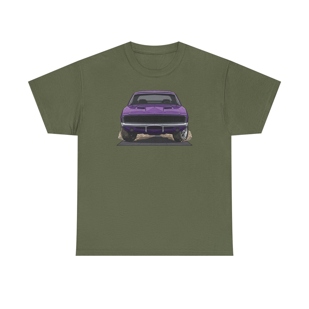 Olive green T-shirt with purple retro muscle car graphic on the front