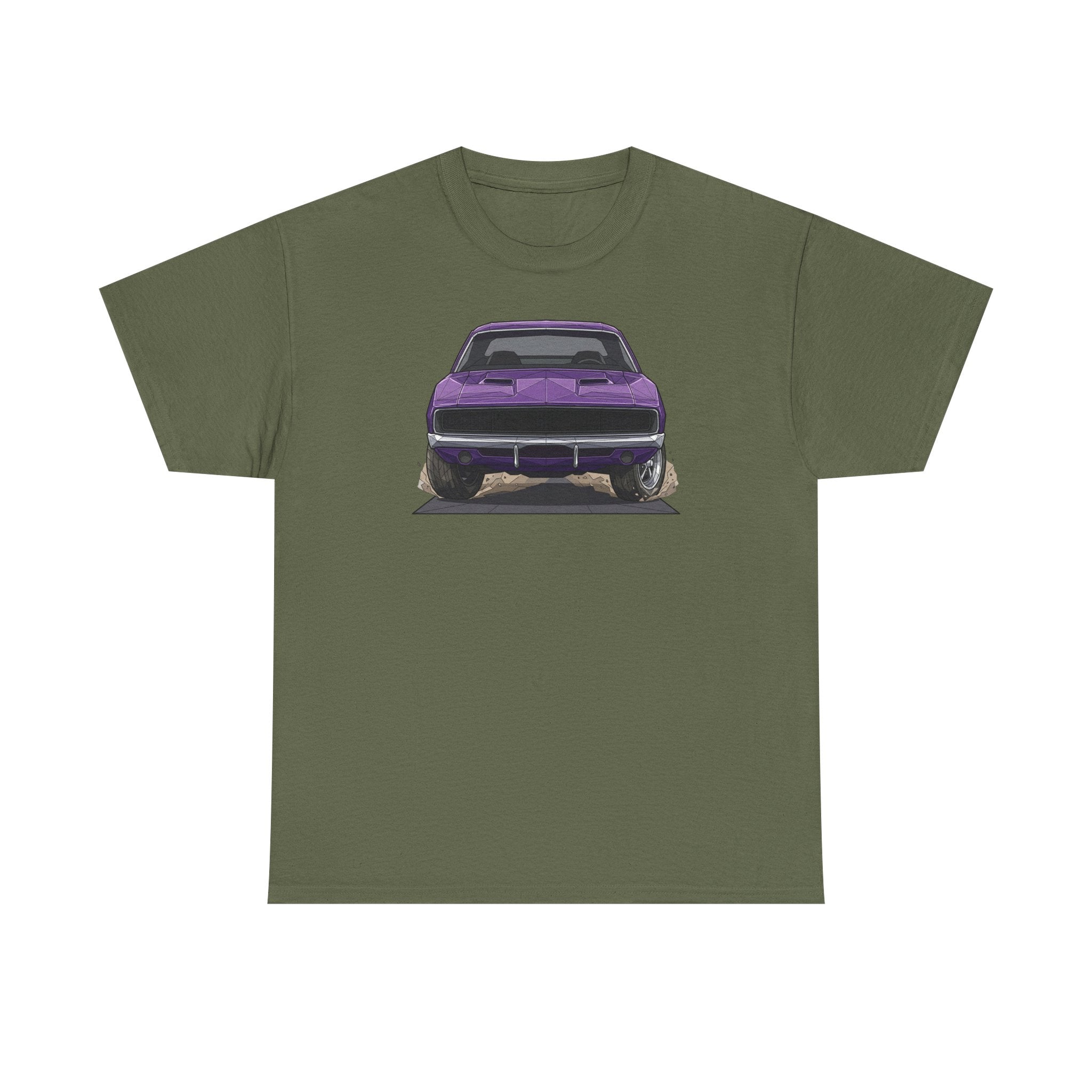 Olive green T-shirt with purple retro muscle car graphic on the front