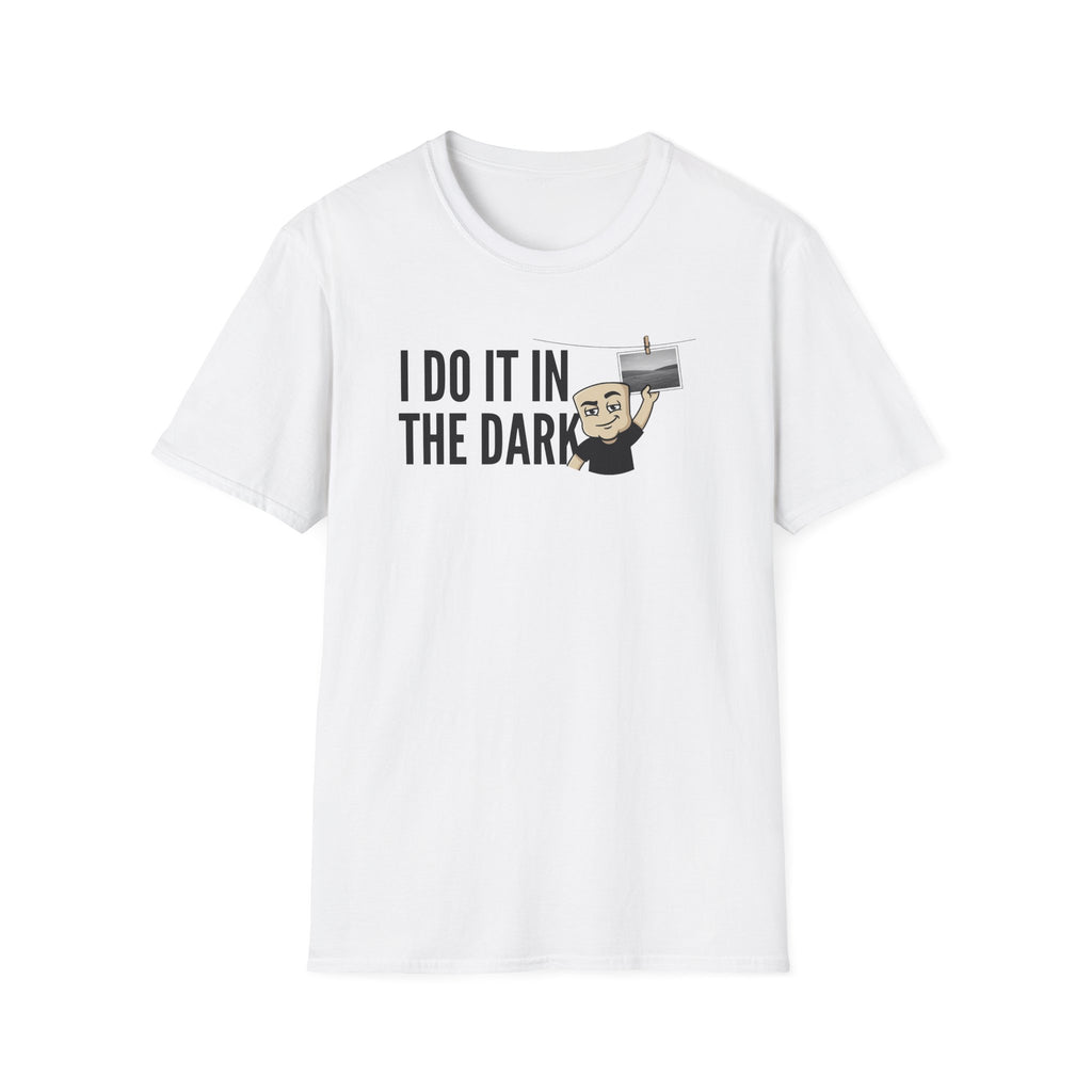 White T-shirt with “I DO IT IN THE DARK” camera graphic on chest