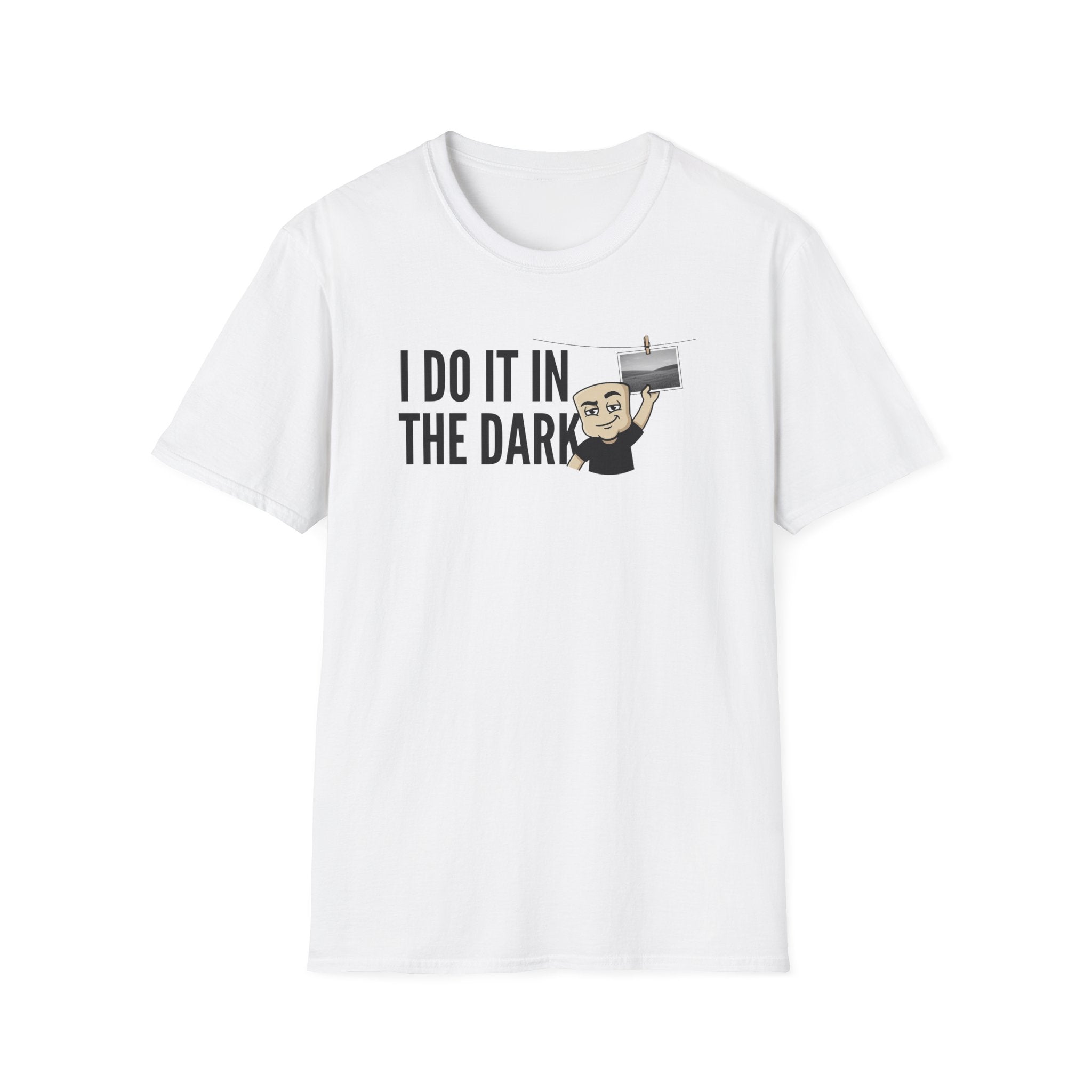 White T-shirt with “I DO IT IN THE DARK” camera graphic on chest