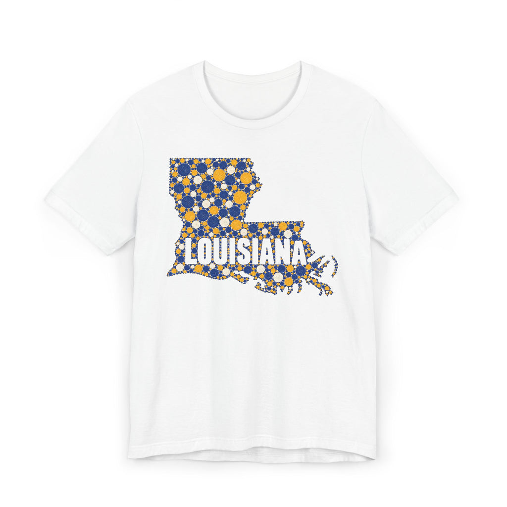 Louisiana State Shape Floral T-Shirt | Blue and Gold Louisiana Outline Graphic Tee