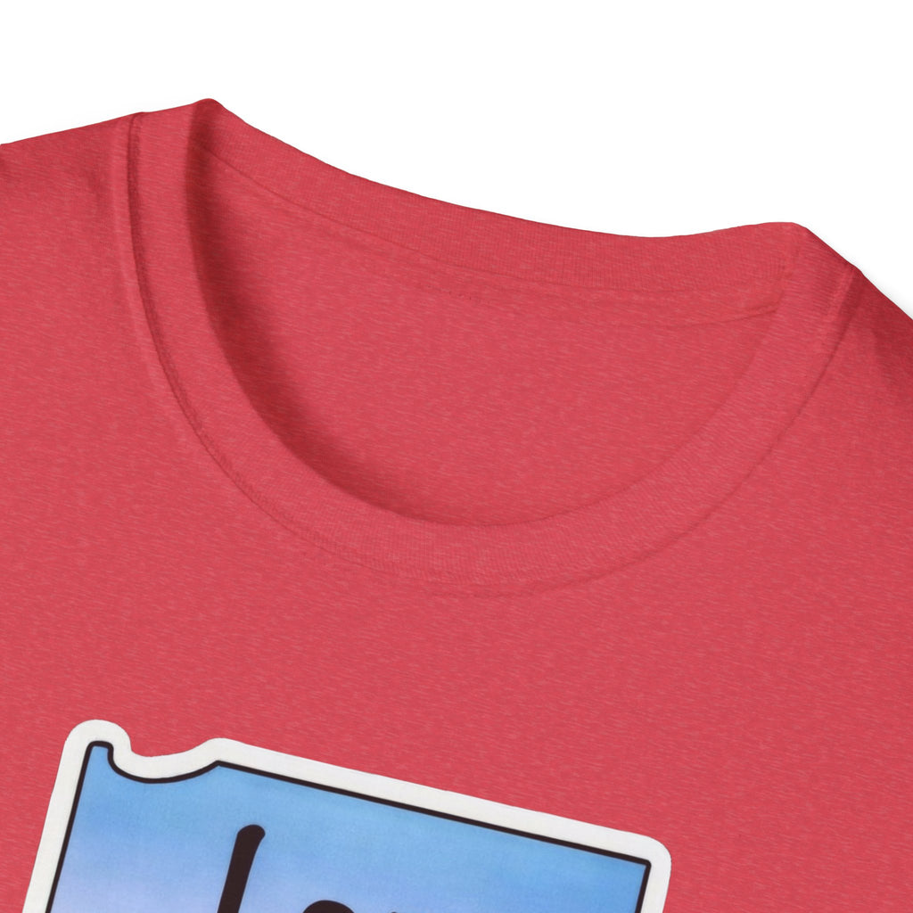I am Indiana T‑Shirt, rot meliert, Ausschnitt mit oberem Rand des Designs