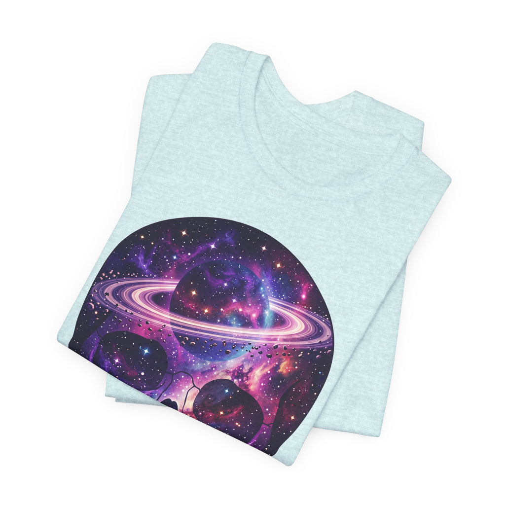 Galaxy Skull T-shirt with purple nebula skull graphic on heather aqua