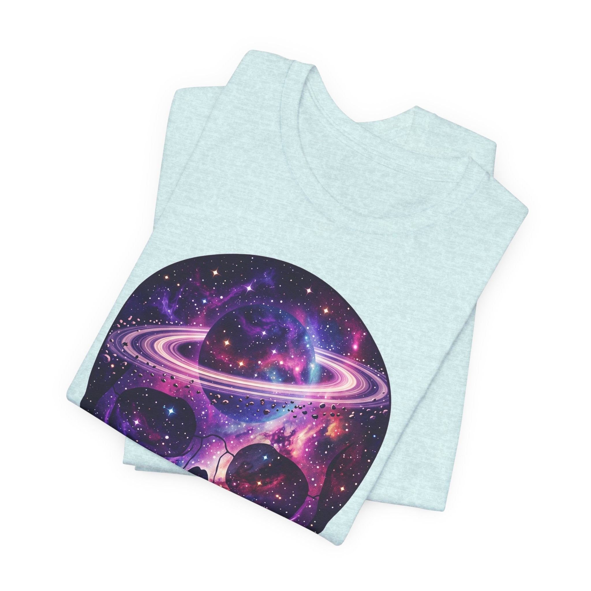 Galaxy Skull T-shirt with purple nebula skull graphic on heather aqua