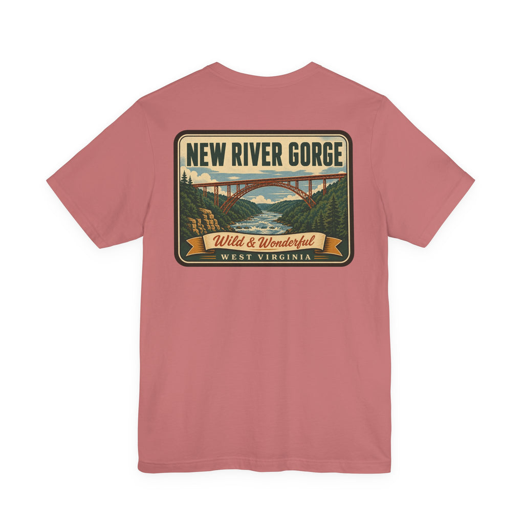 Maroon crew-neck t-shirt with "New River Gorge" bridge graphic on front