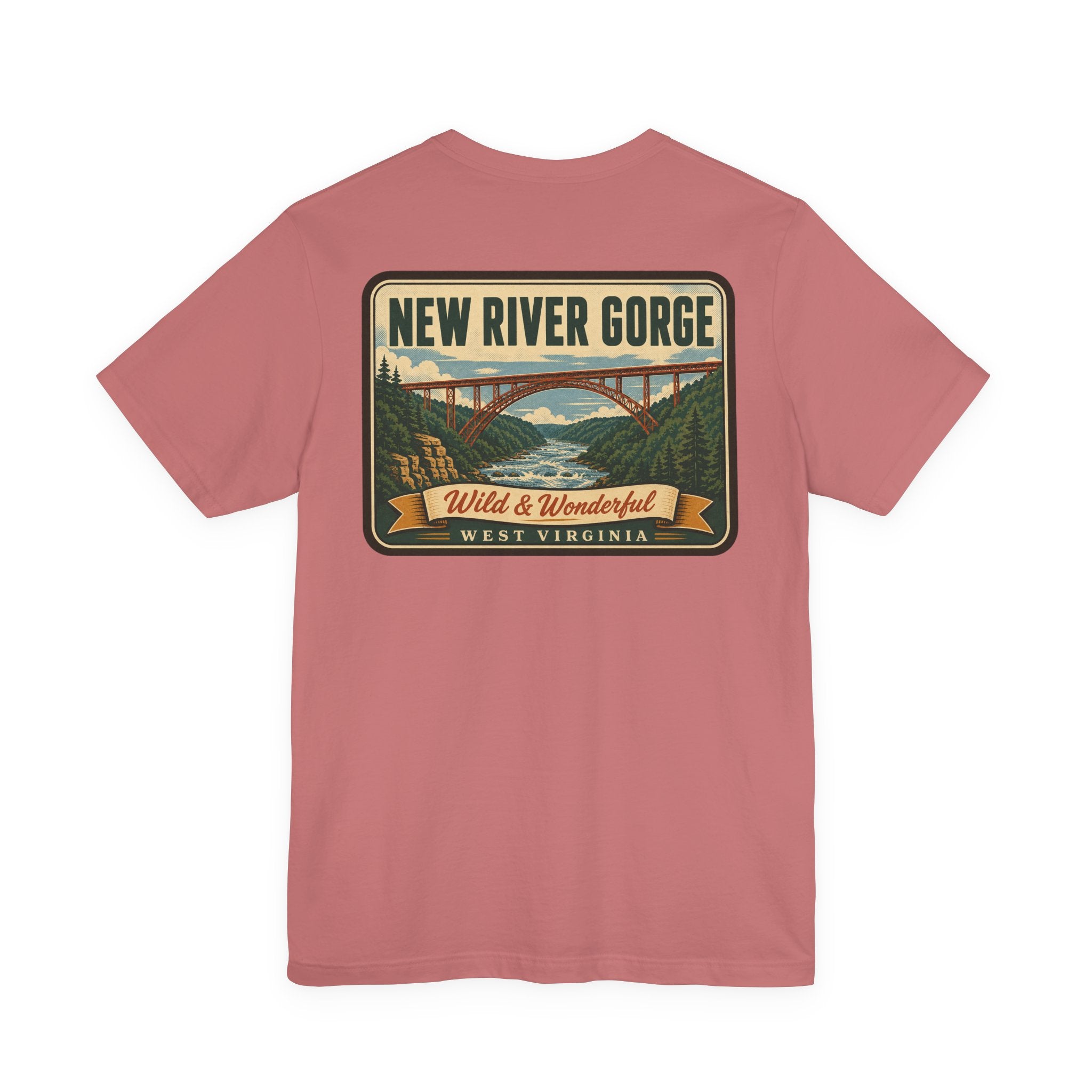 Maroon crew-neck t-shirt with "New River Gorge" bridge graphic on front