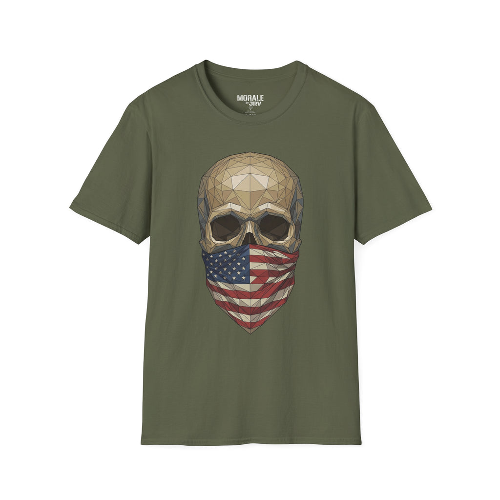 Geometric skull T-shirt with American flag bandana print on olive green crewneck