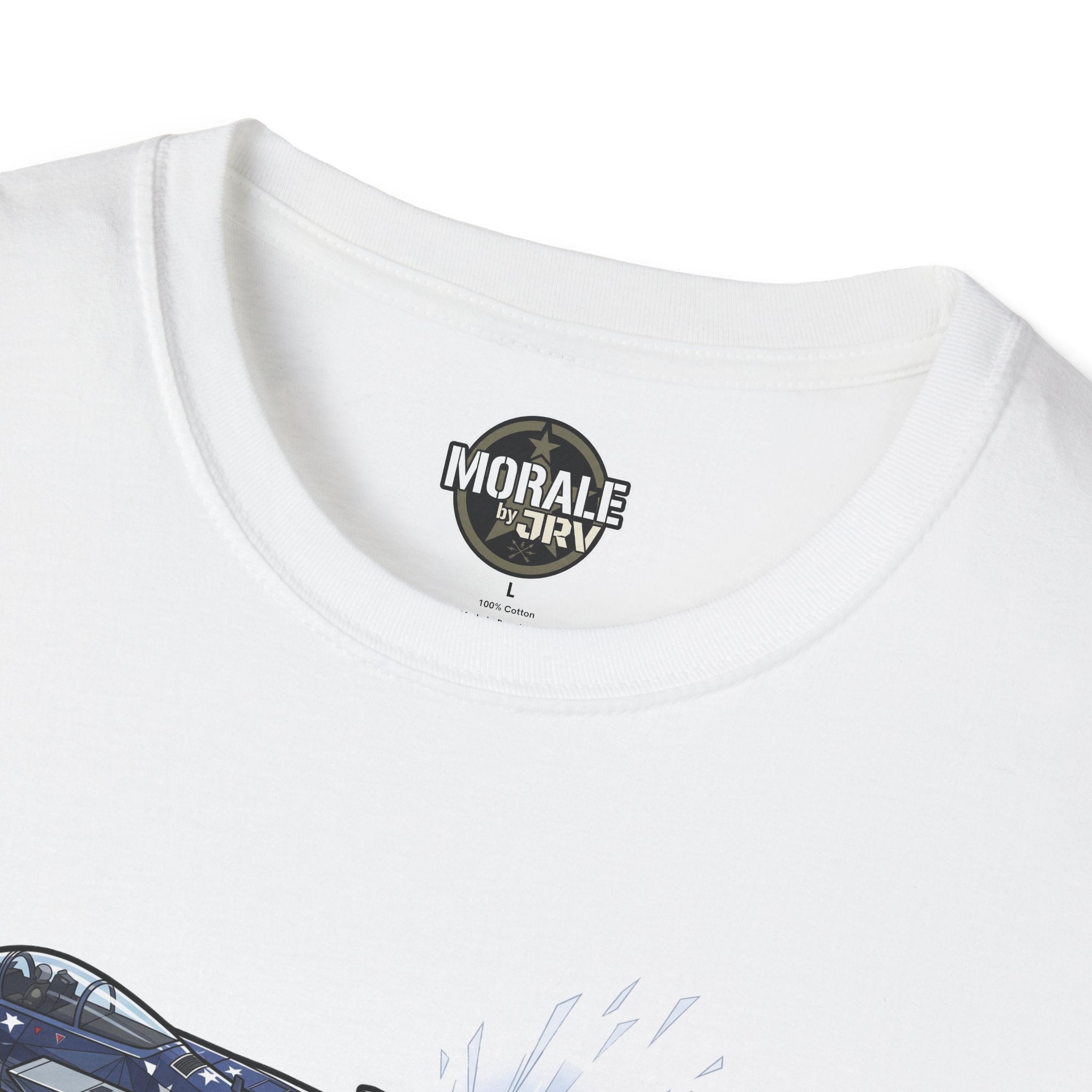 American flag fighter jet T-shirt (white) close-up of crew neck and brand logo label