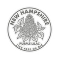 Round vinyl decal with New Hampshire text and purple lilac floral illustration