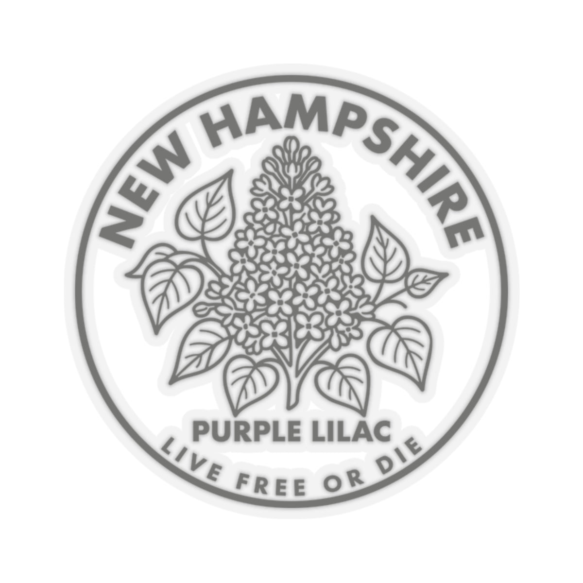 Round vinyl decal with New Hampshire text and purple lilac floral illustration