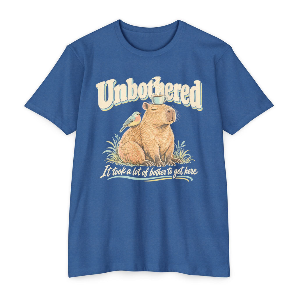 Royal blue T-shirt with unbothered capybara holding a coffee cup graphic