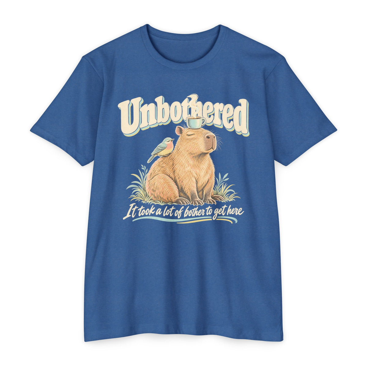 Royal blue T-shirt with unbothered capybara holding a coffee cup graphic