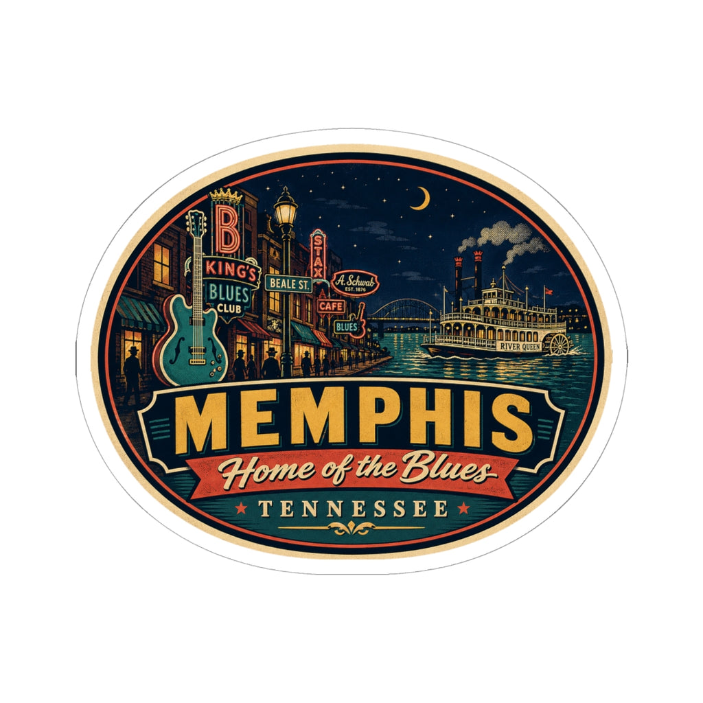 Round Memphis “Home of the Blues” Tennessee luggage tag sticker with border and stars