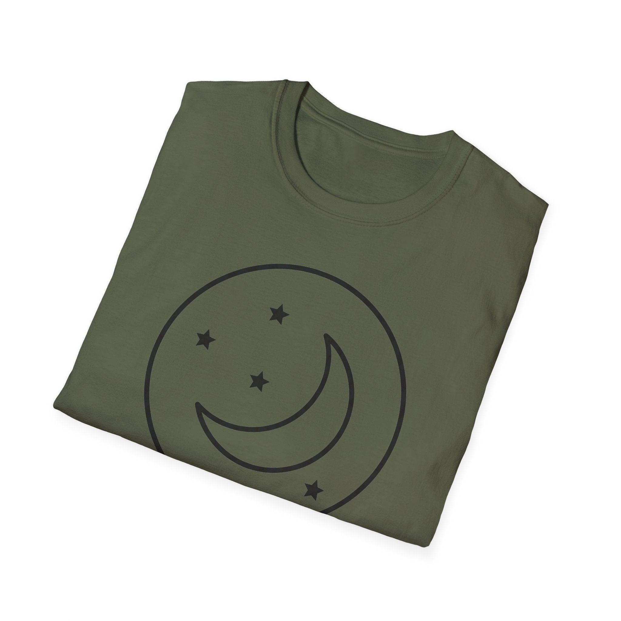 Olive green t-shirt with black crescent moon and stars inside outlined circle graphic