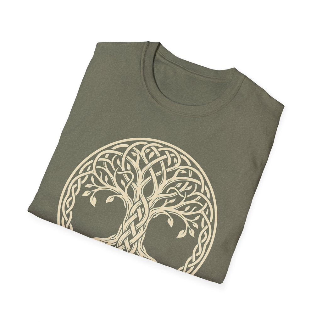 Olive green T-shirt with Celtic tree of life knotwork circle graphic