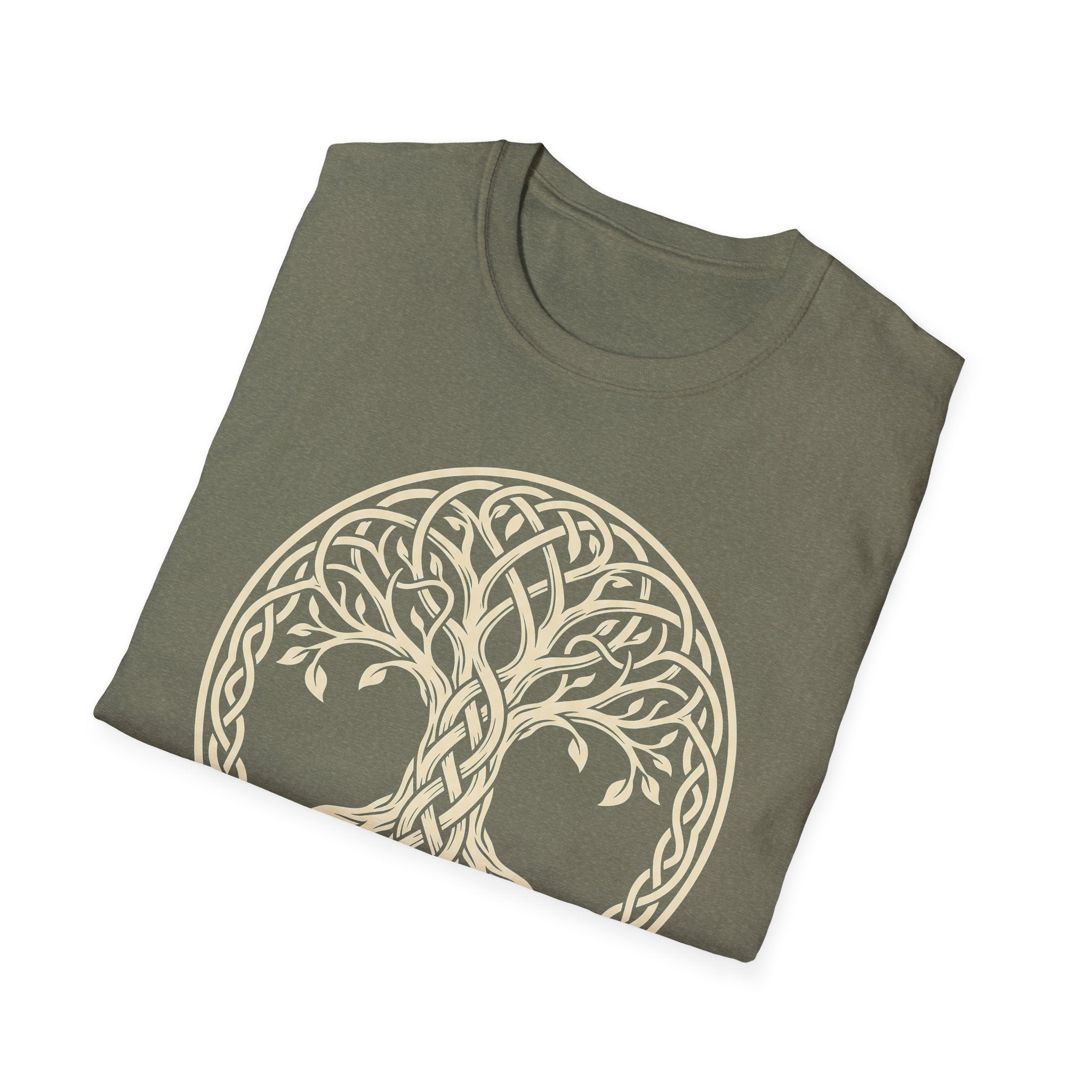 Olive green T-shirt with Celtic tree of life knotwork circle graphic
