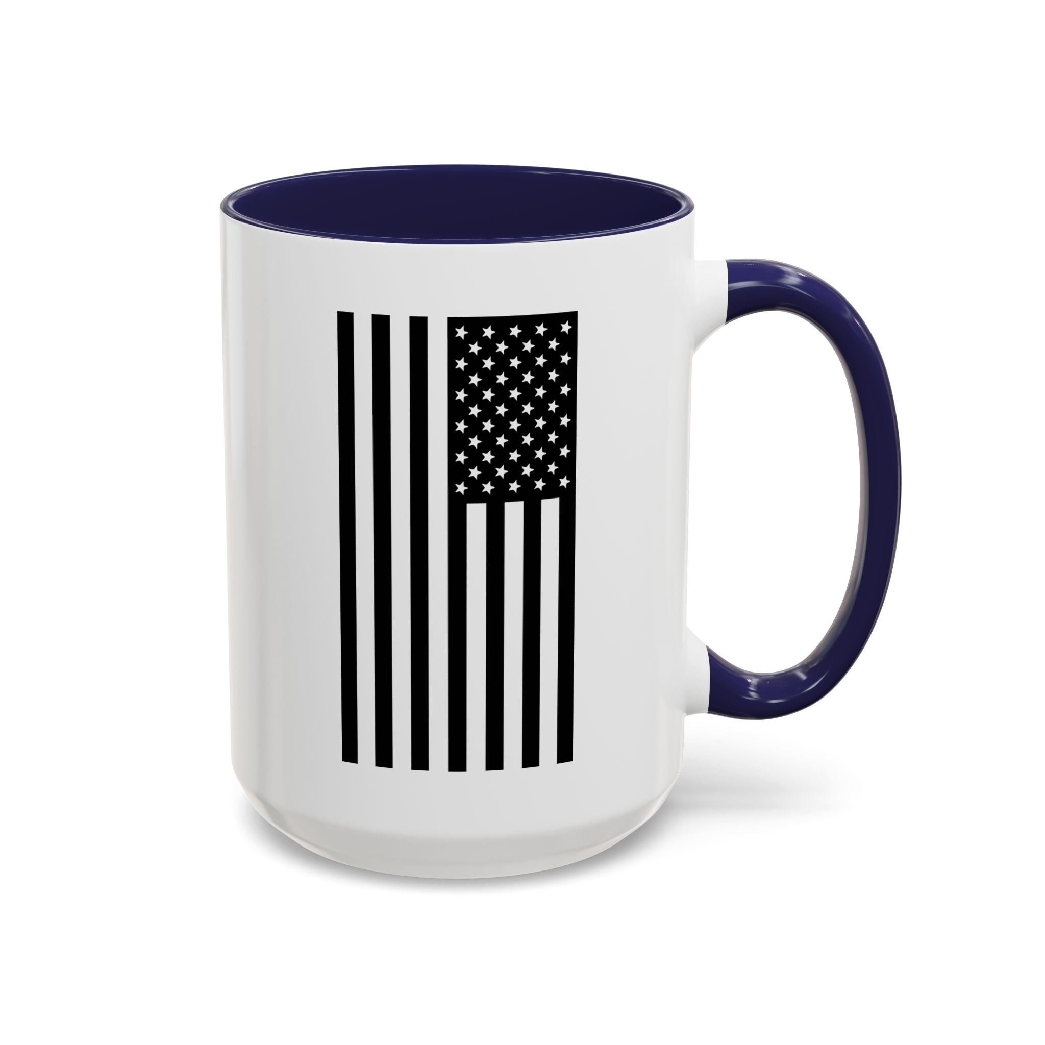 White coffee mug with navy handle and rim, featuring American flag stripe and star graphic.