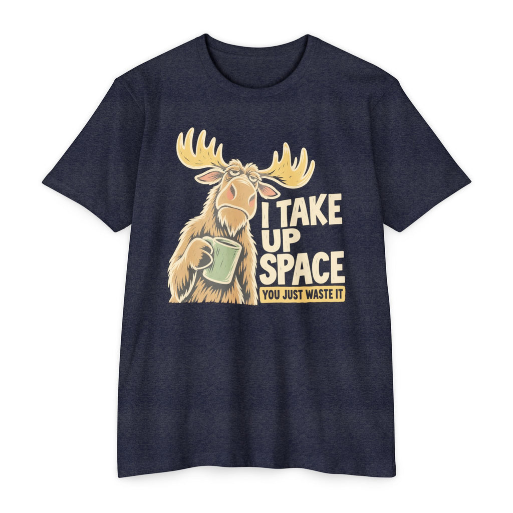 Moose graphic T-shirt in dark navy with “I TAKE UP SPACE” print