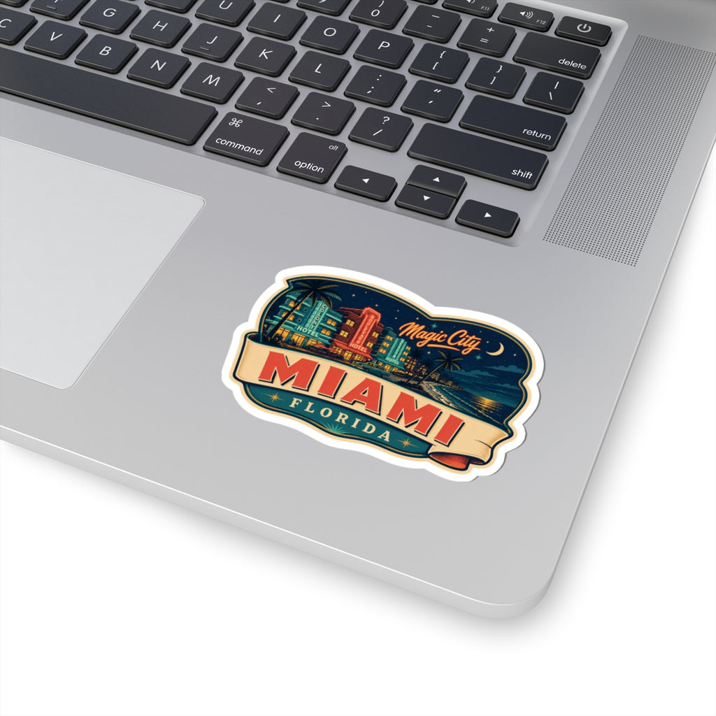 Miami luggage tag sticker on laptop surface, arched "MIAMI" "FLORIDA" design