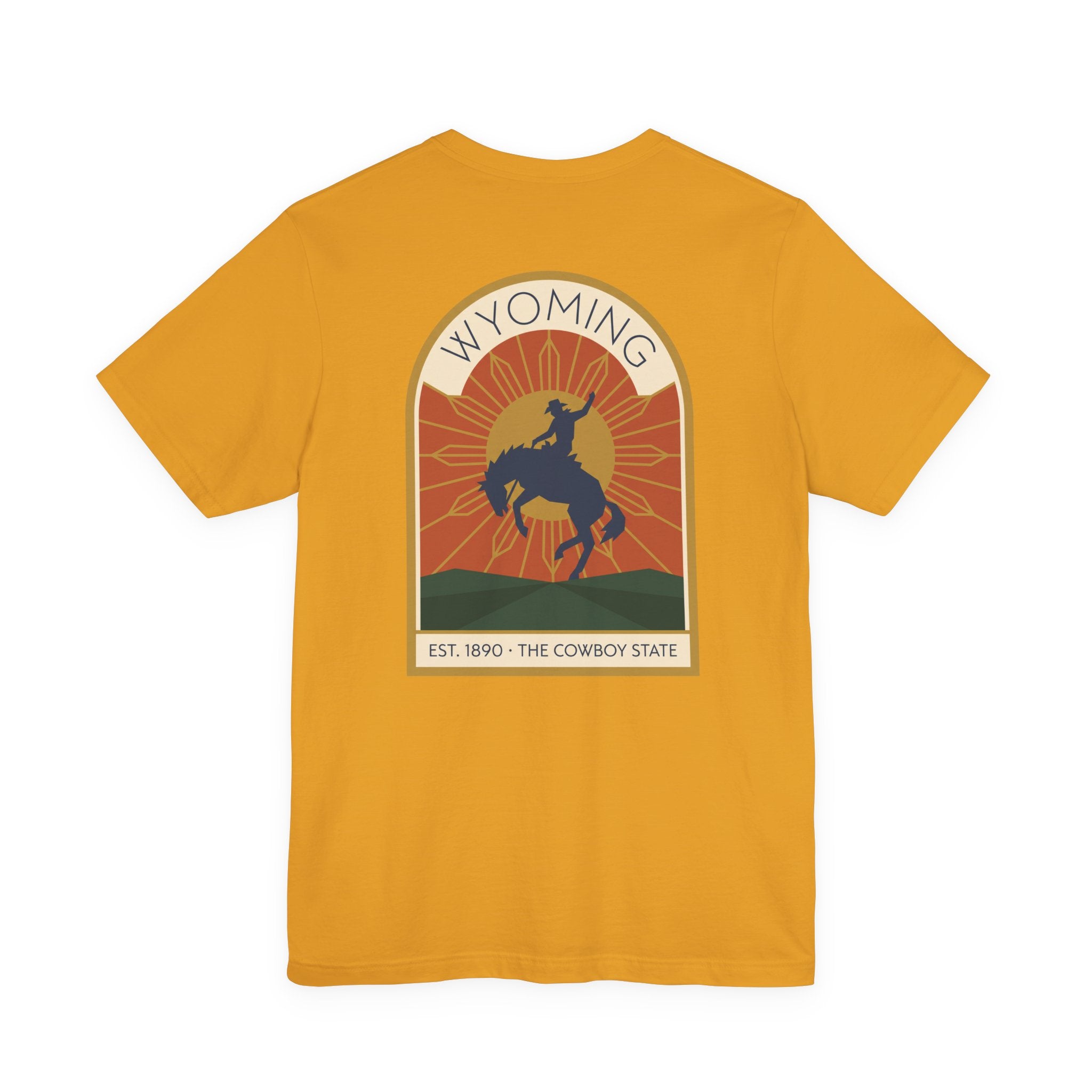 Mustard T-shirt with Wyoming rodeo bucking bronco graphic on front