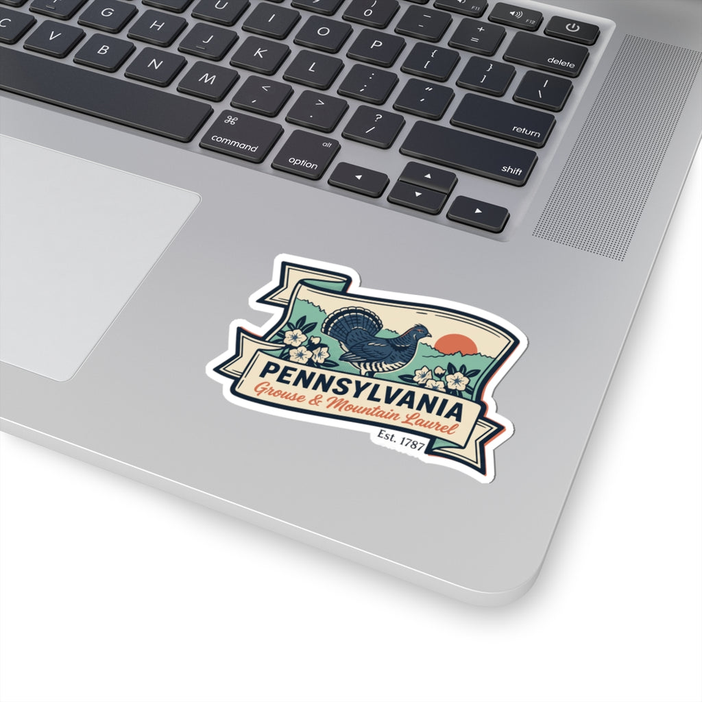 Pennsylvania vintage travel badge sticker decal featuring grouse and mountain laurel, white edge