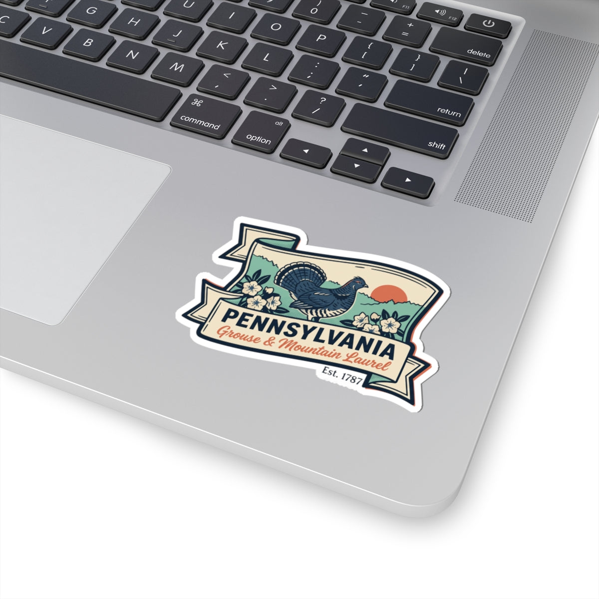 Pennsylvania vintage travel badge sticker decal featuring grouse and mountain laurel, white edge