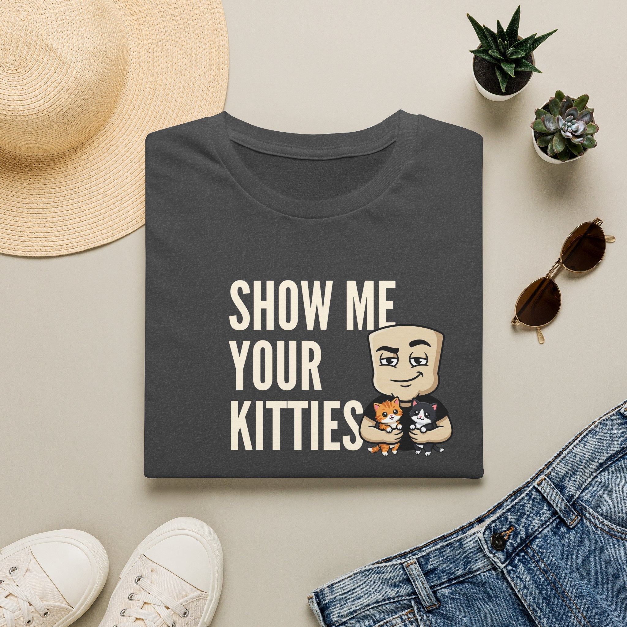 Dark gray graphic t-shirt with text 'SHOW ME YOUR KITTIES' and cat illustration