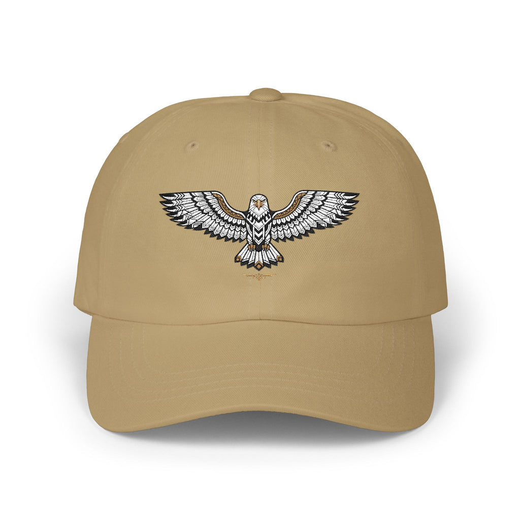 Tan baseball cap with embroidered eagle emblem on the front