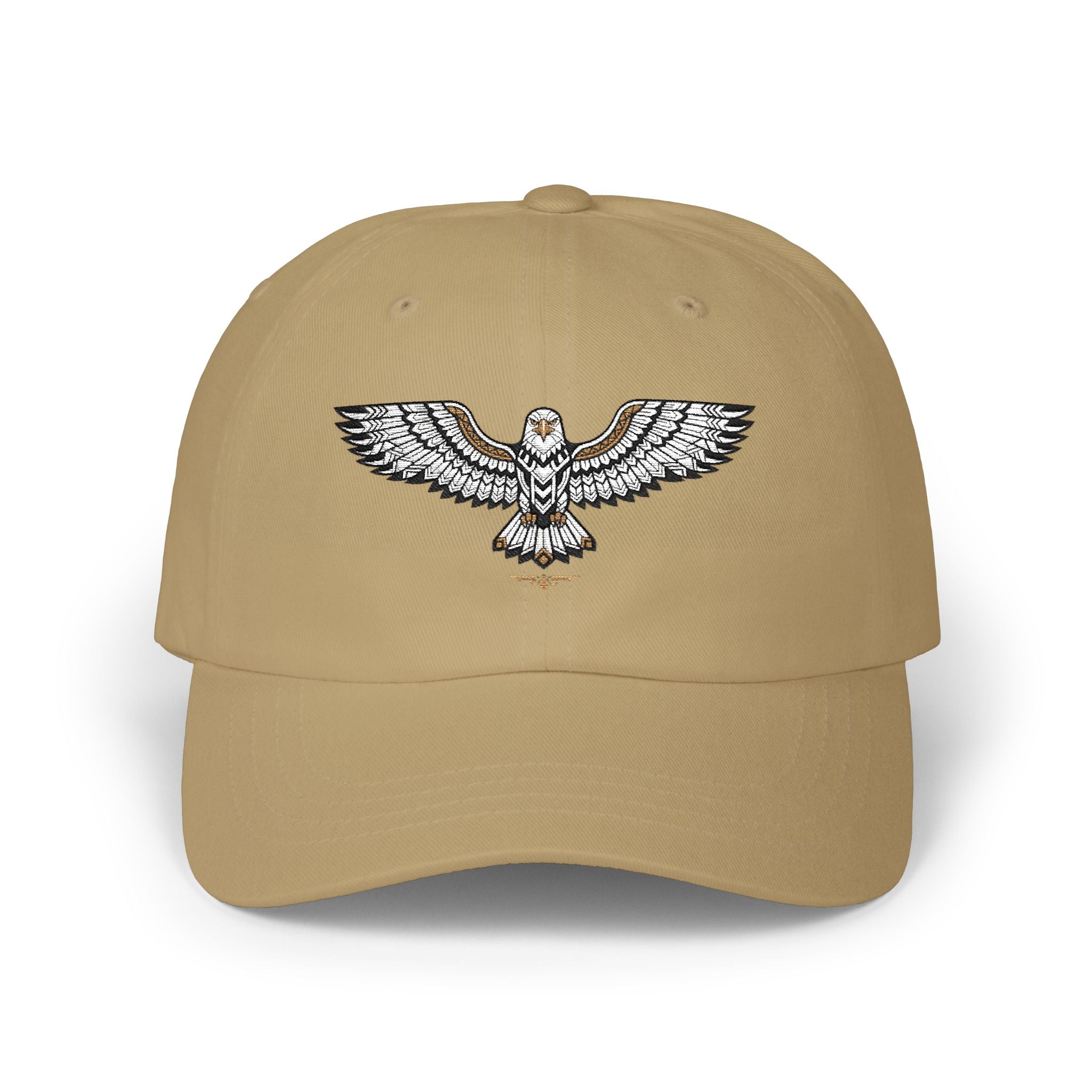 Tan baseball cap with embroidered eagle emblem on the front