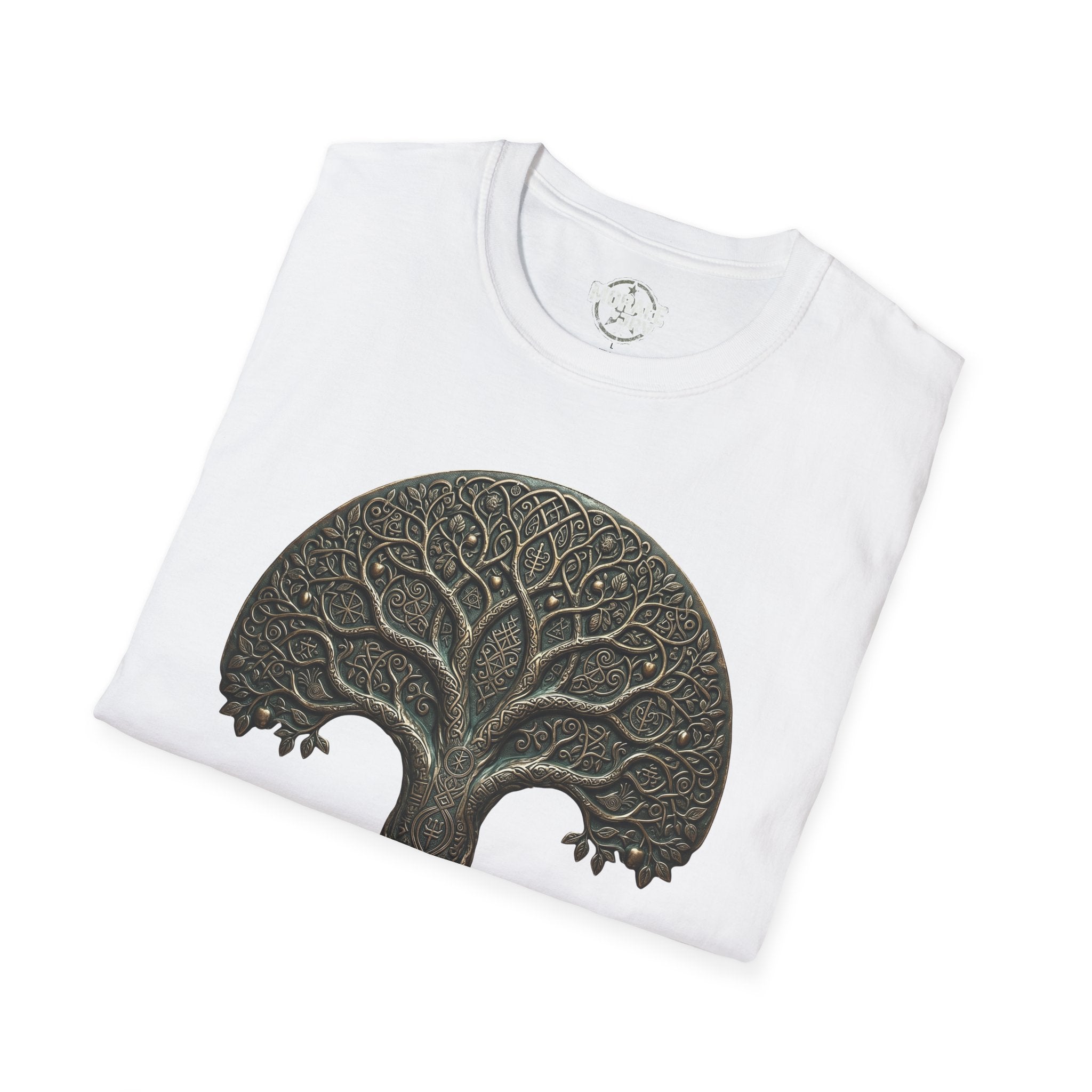 Weißes T-Shirt mit keltischem Baum-des-Lebens-Mandala-Print, schräger Blick