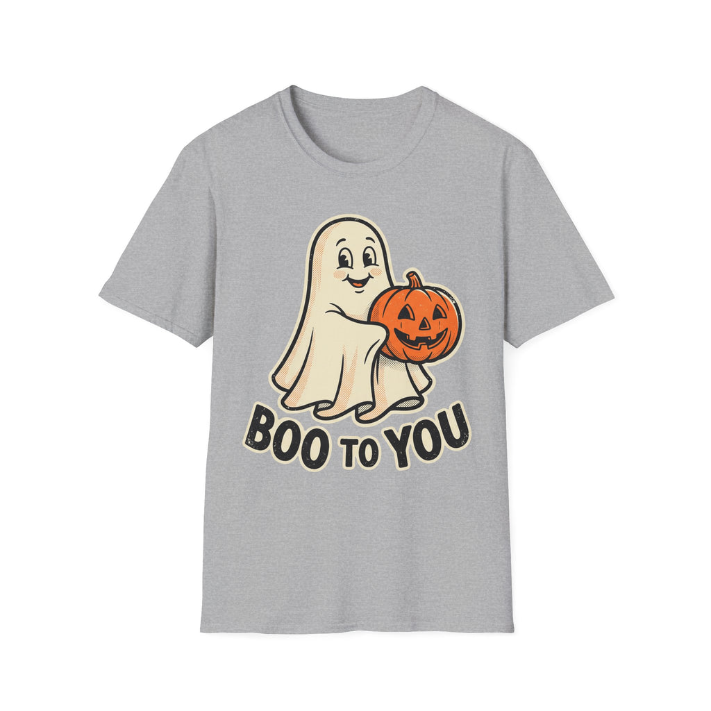 Light gray Halloween graphic T-shirt featuring smiling ghost holding orange pumpkin, “BOO TO YOU”