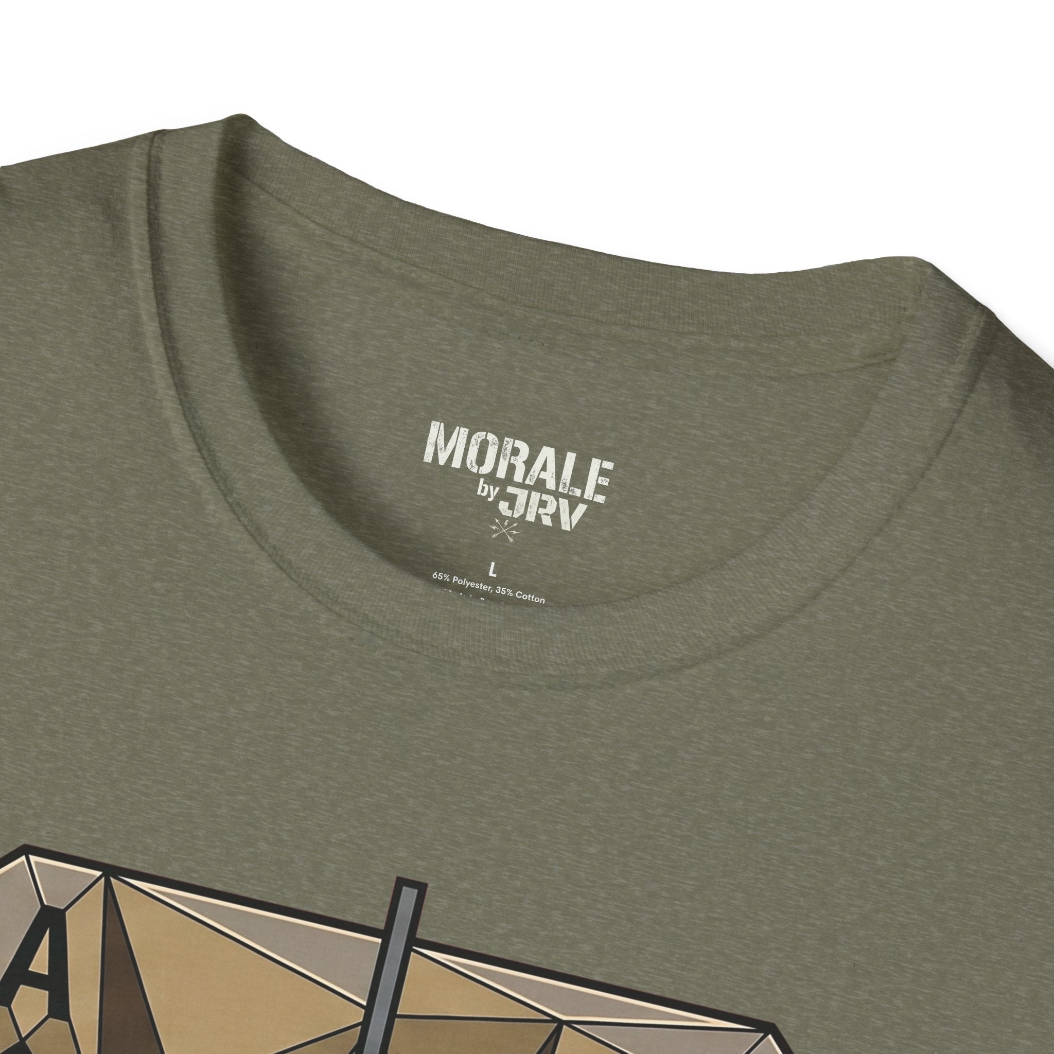 Military Green T-shirt collar with neck label; top of spade/target print