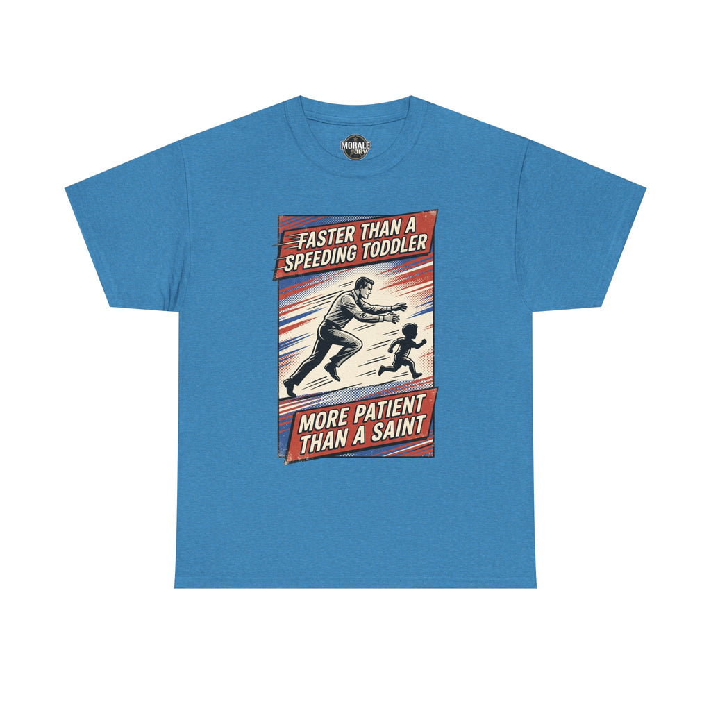 Faster Than A Speeding Toddler T-Shirt, neon blue, bold retro comic graphic on front