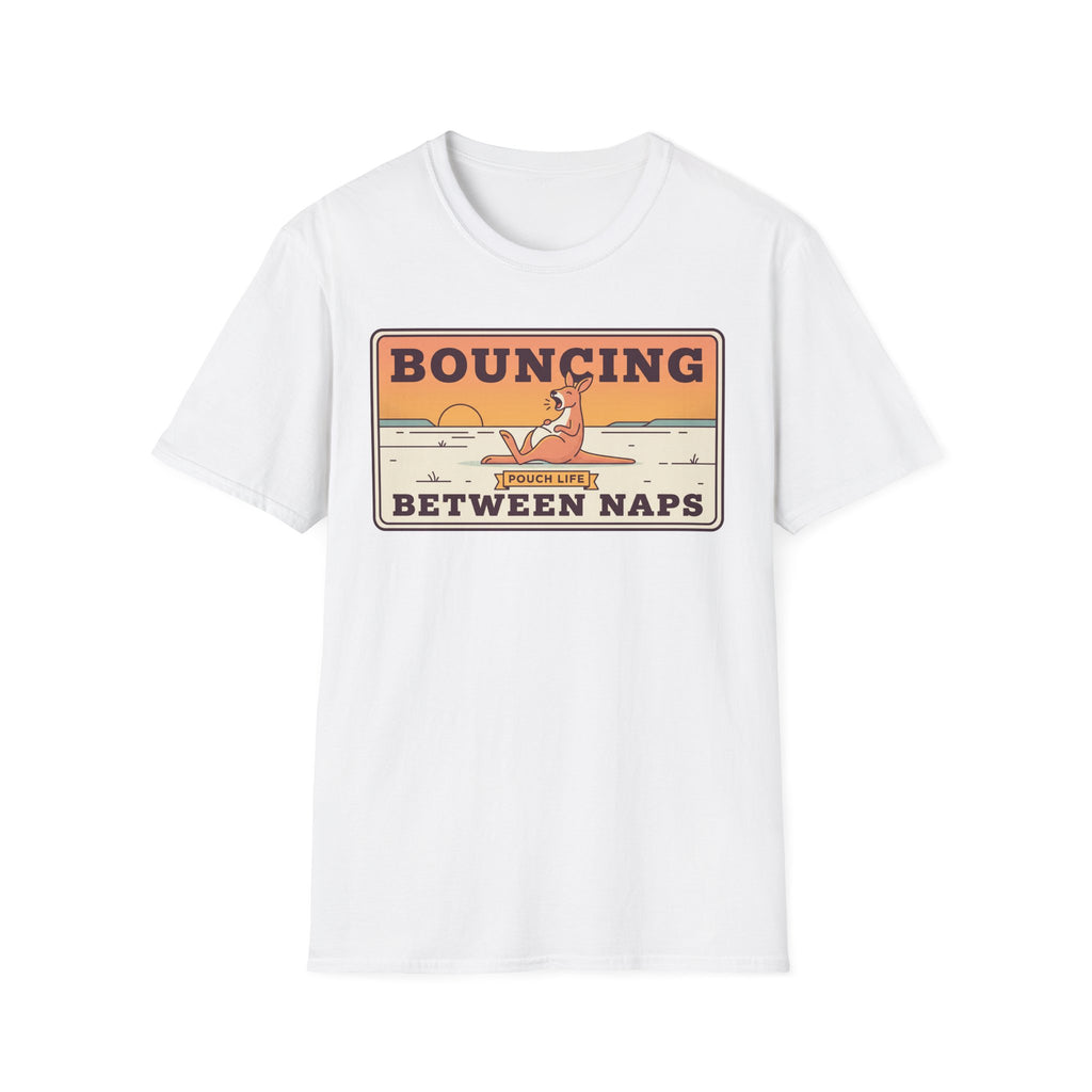 White kangaroo graphic T-shirt with 'Bouncing Between Naps' text