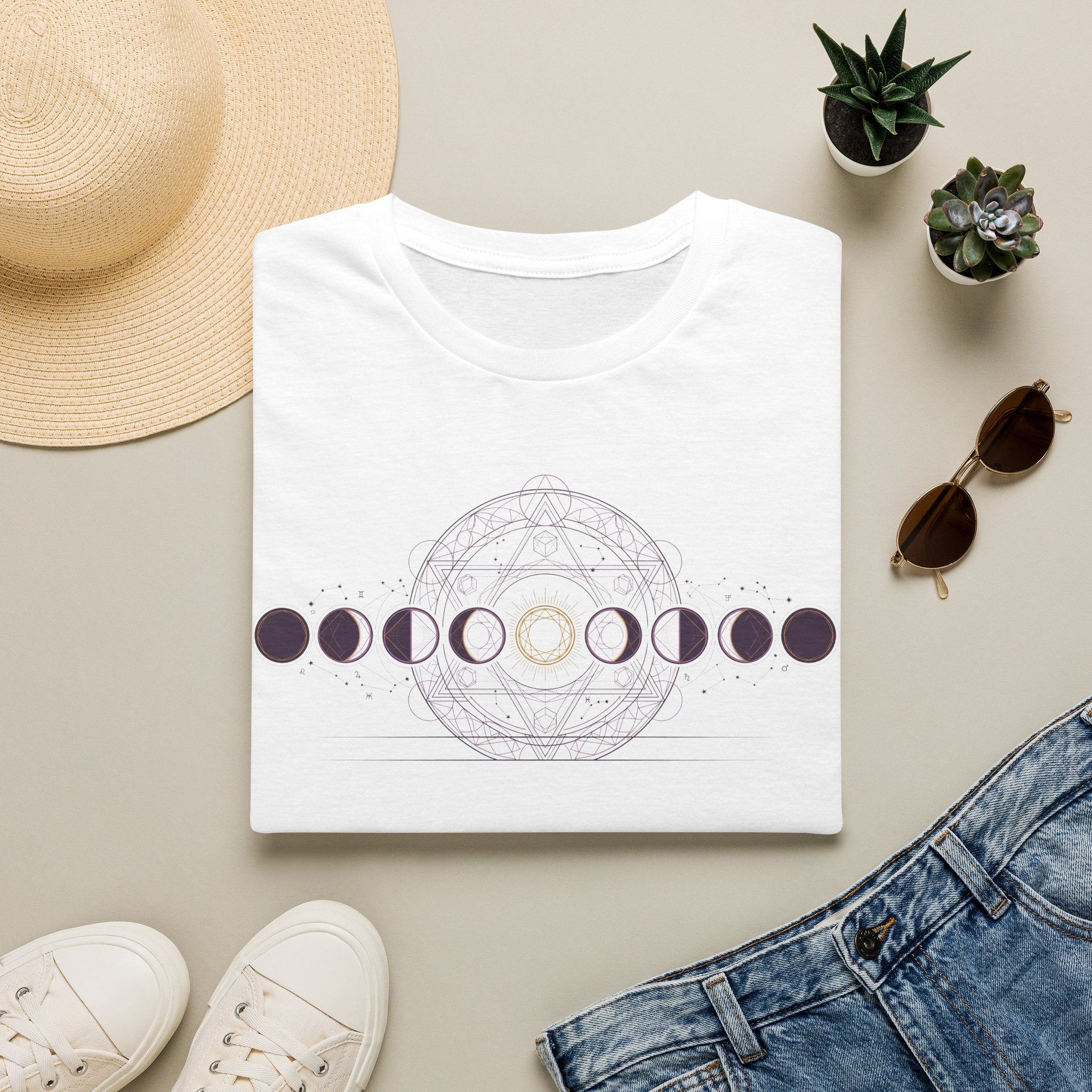 White crew-neck T-shirt with moon phase circle graphic and central geometric moon