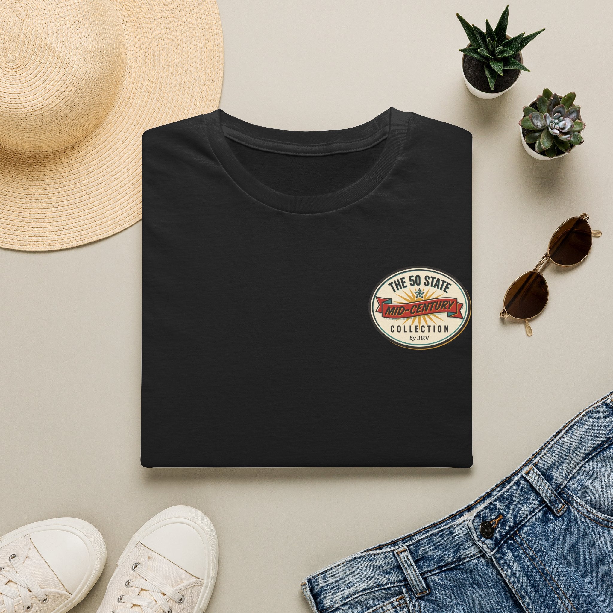 Black short-sleeve T-shirt with round 50-state badge graphic at chest