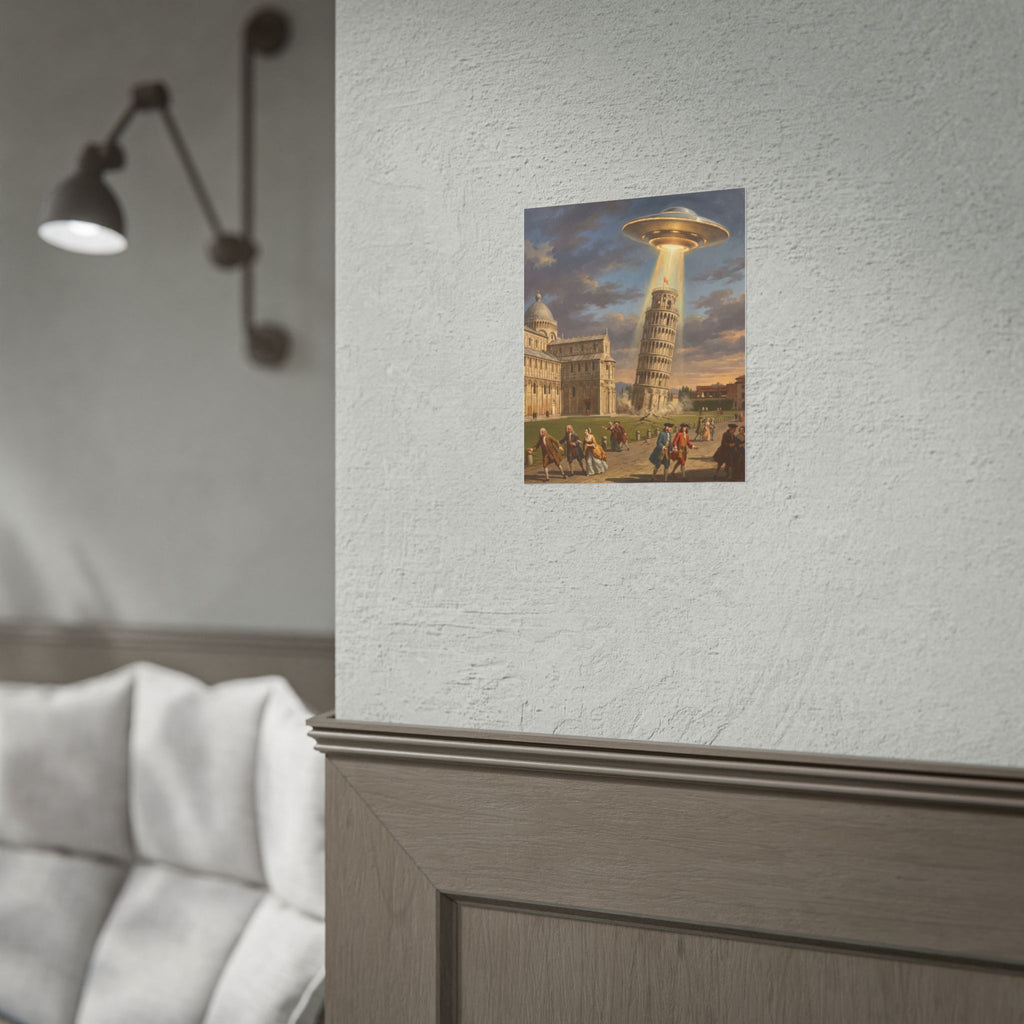 Small wall-mounted poster showing glowing UFO above Leaning Tower and city crowd