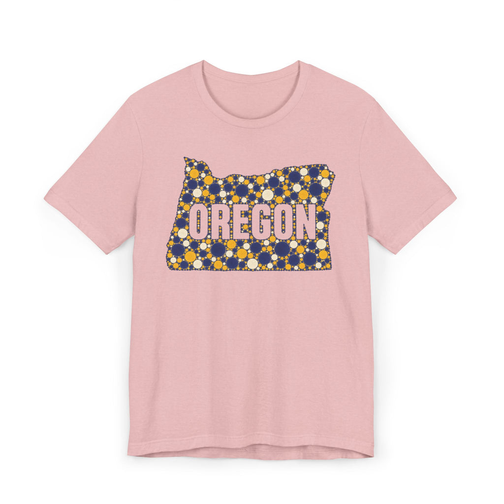 Pink Oregon map graphic t-shirt with blue and gold polka dot lettering